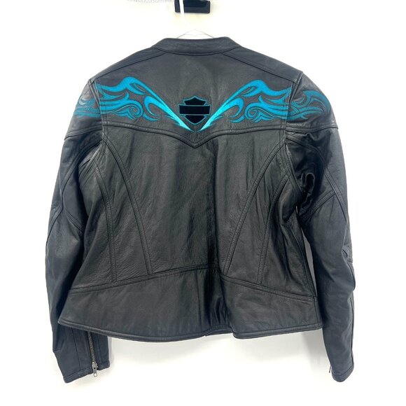 Harley Davidson Black Leather Blue Embroidered Riding Jacket Women's 1W - Picture 5 of 6
